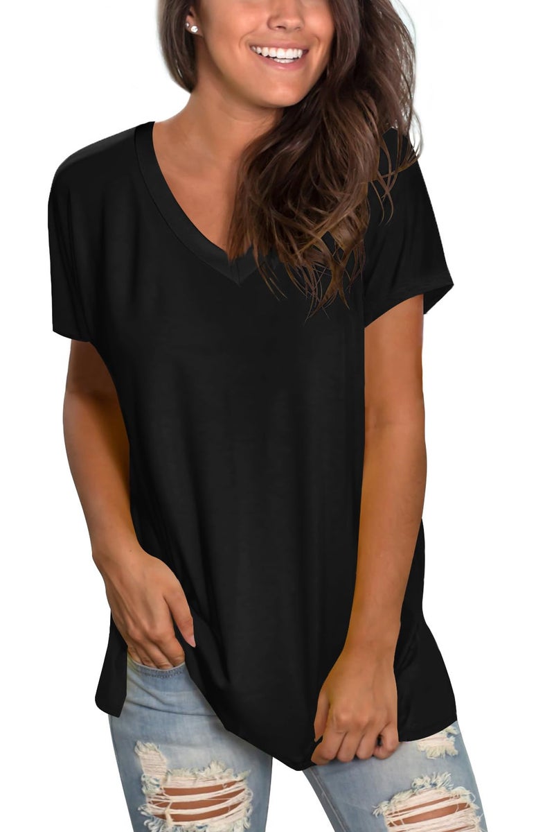Sipaya Womens T Shirts Spring V-Neck Tee Loose Fitting Short Sleeve Tops for Juniors Lightweight Tops & Blouses Black S - Image 2